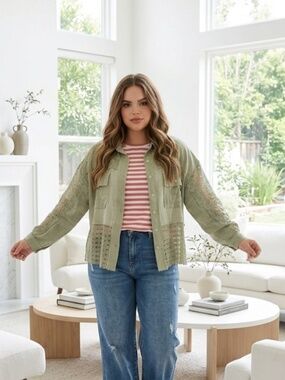 198  | Sage/Lt Olive Green Long Sleeve Button Front Gauze and Lace Top
